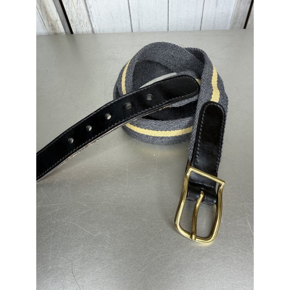 Canterbury Belt Solid Brass Buckle Woven Gray Cream Fabric Black Leather Sz 32